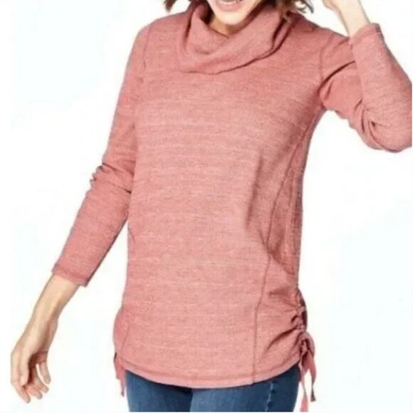 J. JILL Top Size L Cowl Neck Waffle Knit Rusched Side Ties Pullover - Picture 2 of 8